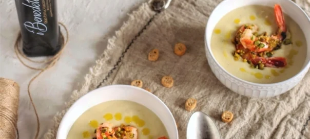 Potage parmentier e gamberi in crosta di pistacchi con olio extravergine di oliva Azienda Olivicola I Benedettini 6 Potage parmentier e gamberi in crosta di pistacchi con olio extravergine di oliva Azienda Olivicola I Benedettini 2
