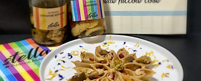 Insalata di pasta fredda con giardiniera piemontese e cavolfiori sott'aceto dell'Azienda Agricola Stella al profumo di zenzero 2 Fior di Giardiniera Piemontese